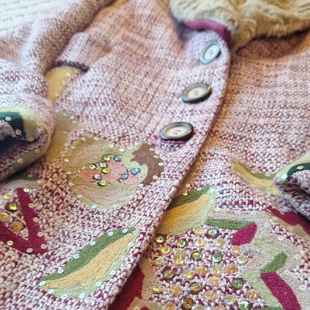 Kenzie Multicolor Pea Coat with Faux Fur Collar Size S - Picture 4 of 13